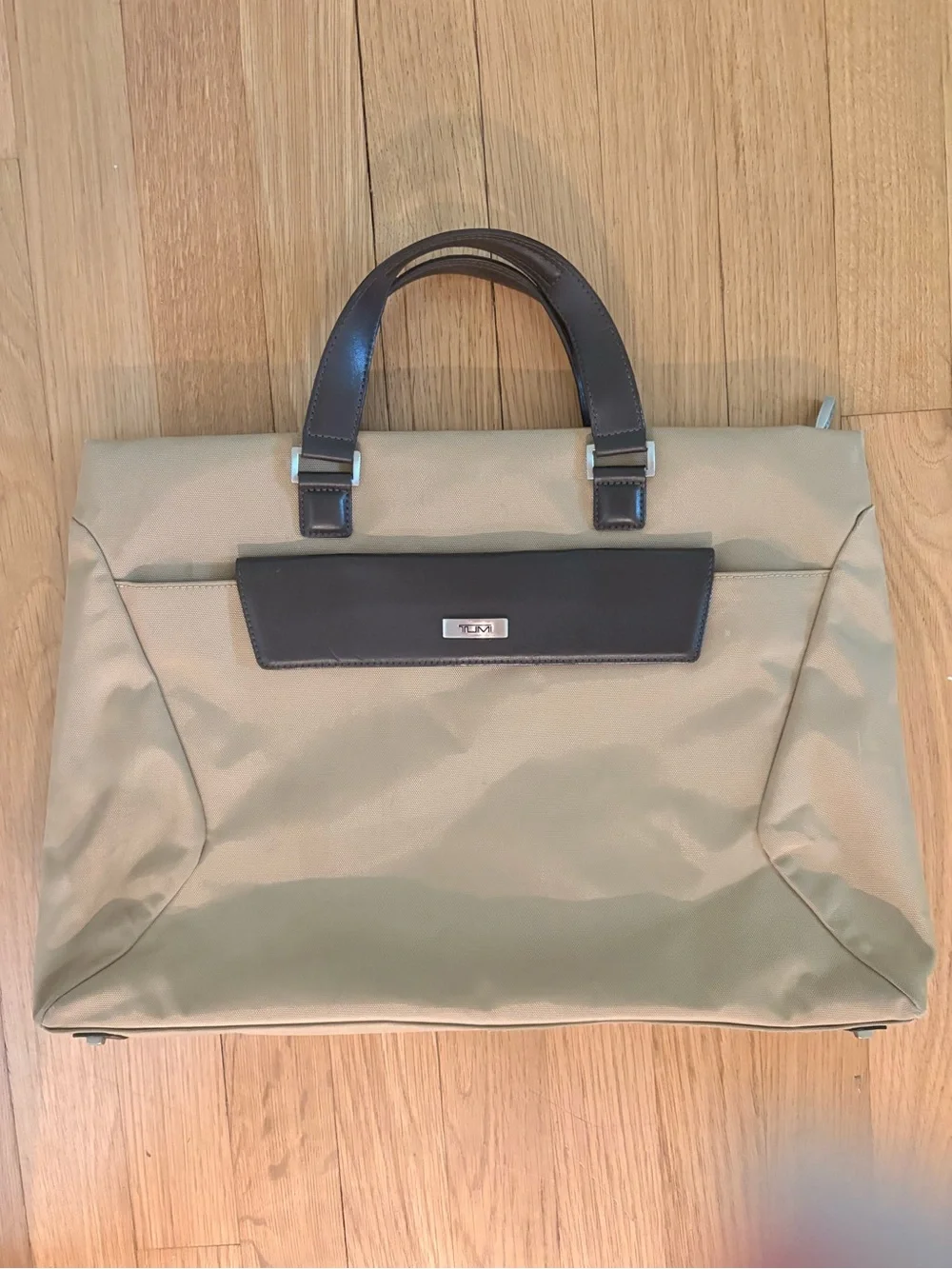 Tumi Beige and Dark Brown Nylon Briefcase with Leather Trim